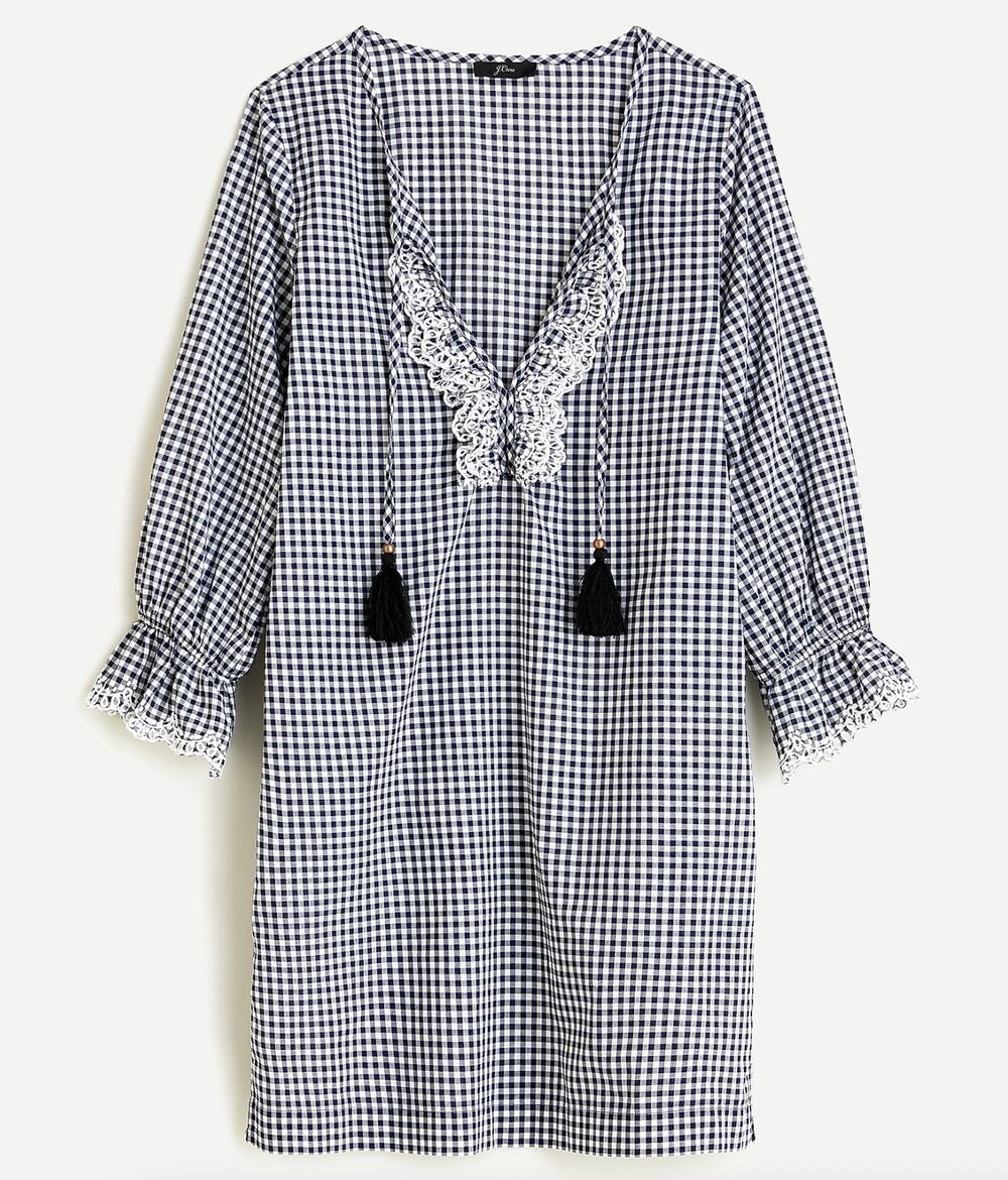 J. Crew Scalloped Tunic in Textured Gingham Navy Blue White AL053 Size M